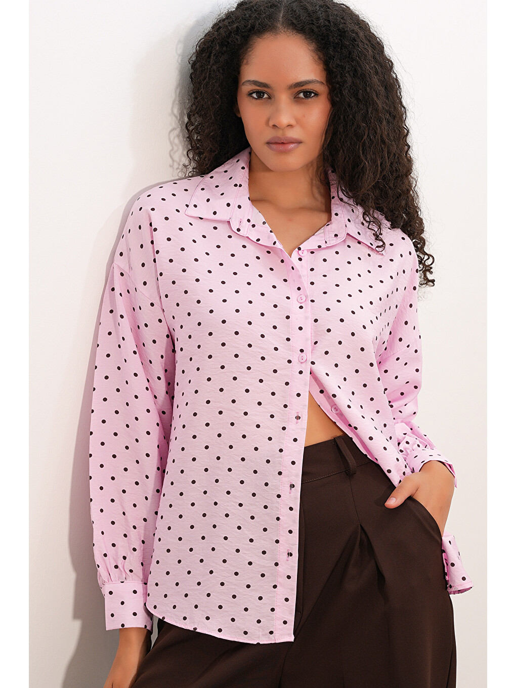 Kadın Oversize Puantiyeli Gömlek 20392 - Pembe-3