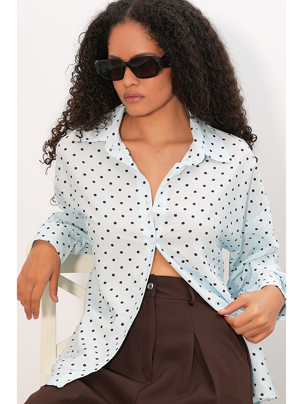 Kadın Oversize Puantiyeli Gömlek 20392 - Mavi
