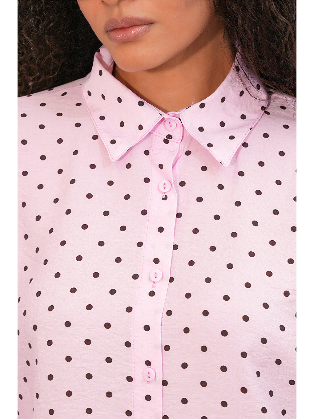 Kadın Oversize Puantiyeli Gömlek 20392 - Pembe-4