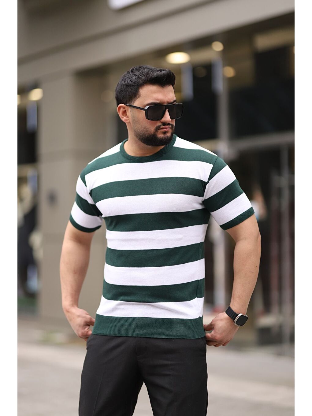 Trendseninle Yeşil Bisiklet Yaka Çizgili Triko Erkek Tişört - 1