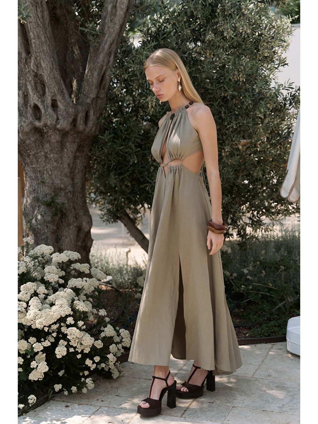 Bunina Bağcıklı Boncuk Detay Haki Uzun Elbise-2