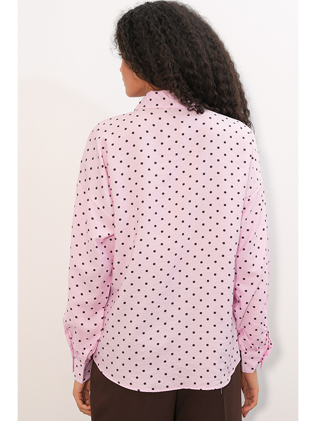 Kadın Oversize Puantiyeli Gömlek 20392 - Pembe-5