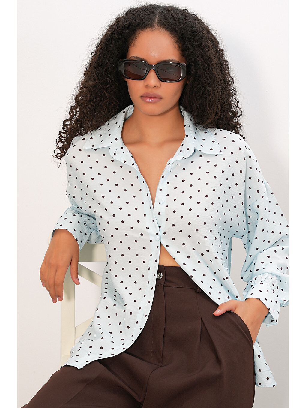 Kadın Oversize Puantiyeli Gömlek 20392 - Mavi-3