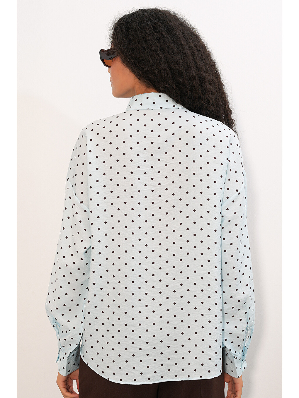 Kadın Oversize Puantiyeli Gömlek 20392 - Mavi-5