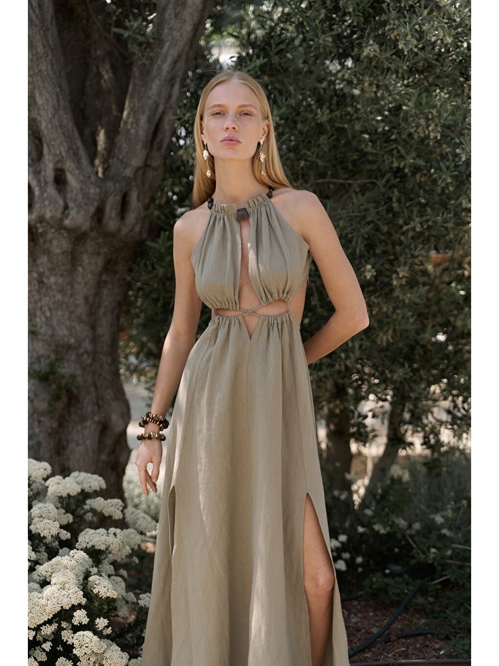 Bunina Bağcıklı Boncuk Detay Haki Uzun Elbise-4