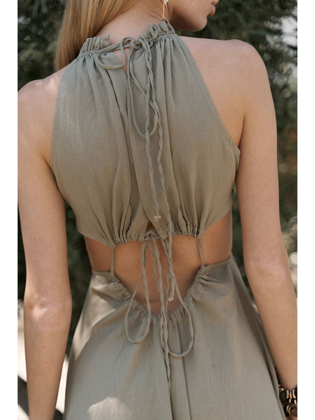 Bunina Bağcıklı Boncuk Detay Haki Uzun Elbise-6