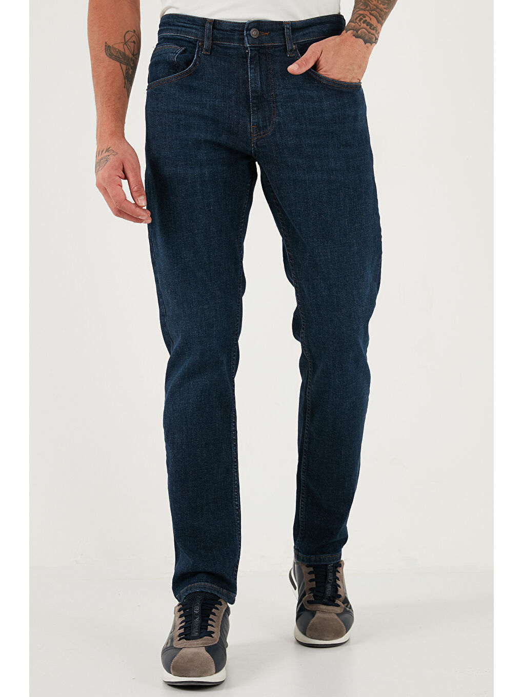 Lacivert Streç Pamuklu Comfort Fit Yüksek Bel Boru Paça Jeans 4413C41TEXAS-1