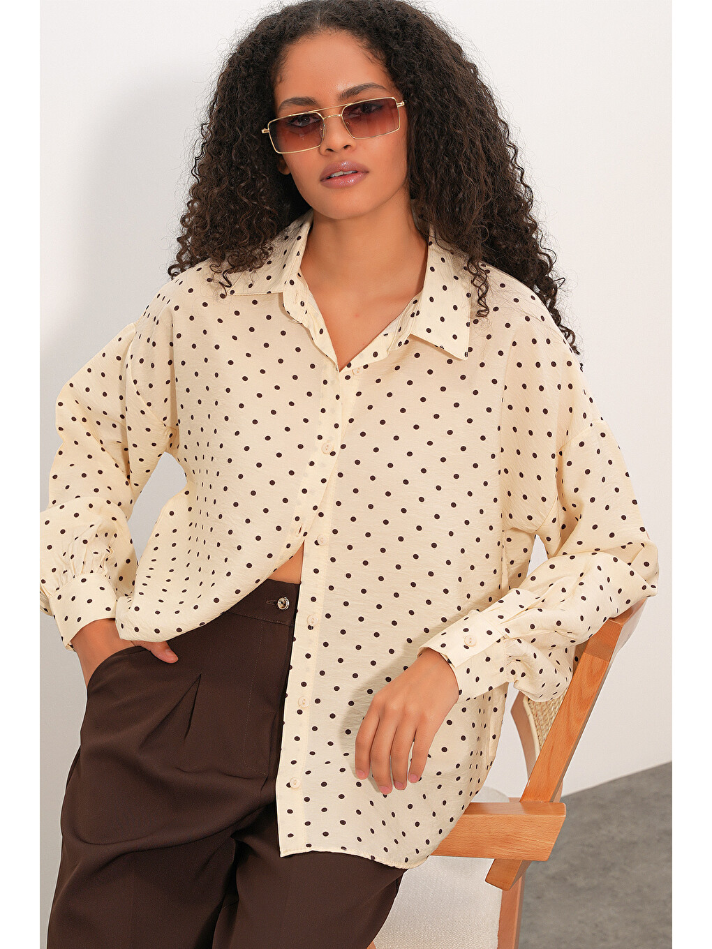 Ekru Kadın Oversize Puantiyeli Gömlek 20392 - Krem