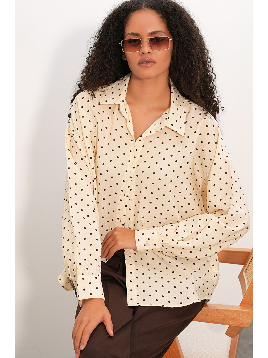Ekru Kadın Oversize Puantiyeli Gömlek 20392 - Krem-3