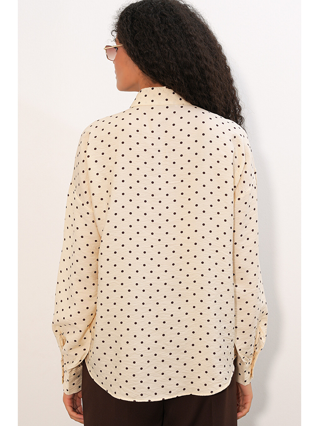 Ekru Kadın Oversize Puantiyeli Gömlek 20392 - Krem-5
