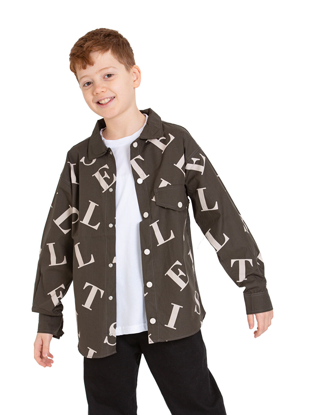 Haki Erkek Çocuk 2'li Takım (%100 Poplin Pamuk Gömlek+Tişört) P1080-1