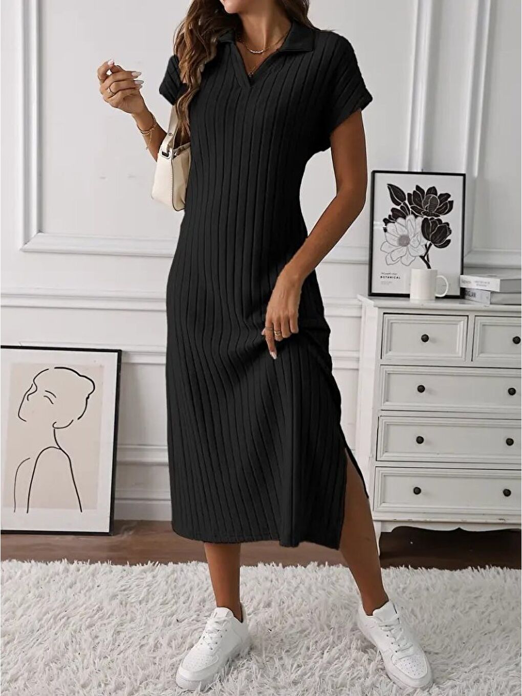 Siyah Kadın Kısa Kollu Yakalı Yandan Yırtmaçlı Kalın Fitilli Kaşkorse Elbise