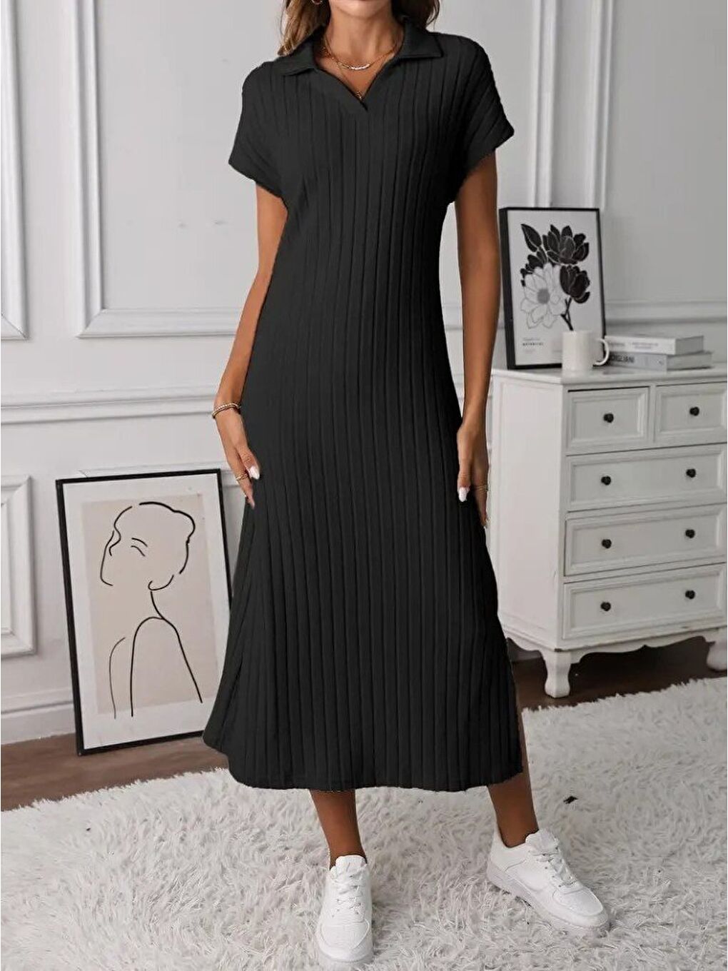 Siyah Kadın Kısa Kollu Yakalı Yandan Yırtmaçlı Kalın Fitilli Kaşkorse Elbise-1