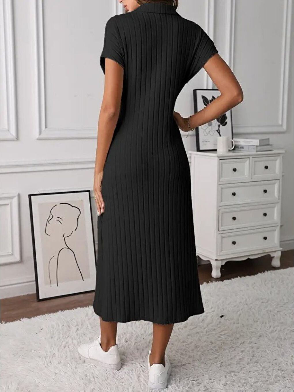 Siyah Kadın Kısa Kollu Yakalı Yandan Yırtmaçlı Kalın Fitilli Kaşkorse Elbise-2