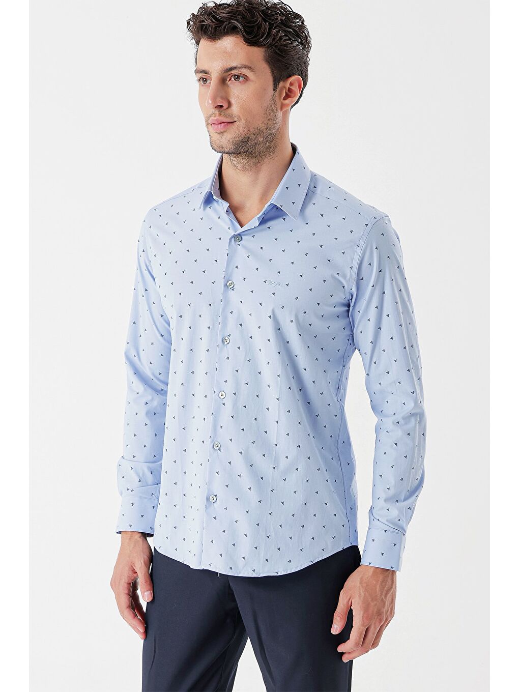 Koyu Mavi Uzun Kollu Baskılı Bez Ayağı Sert Yaka Cepsiz Garnili Klasik Slim Fit Gömlek 1004235106-1