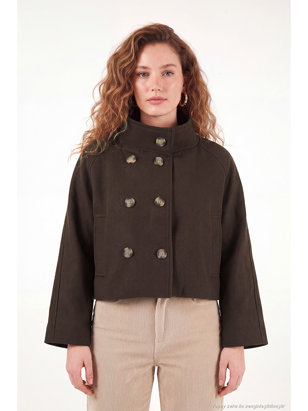 Kahverengi Dik Yaka Düğmeli Kısa Kadın Kaşe Mont 611aw115-4