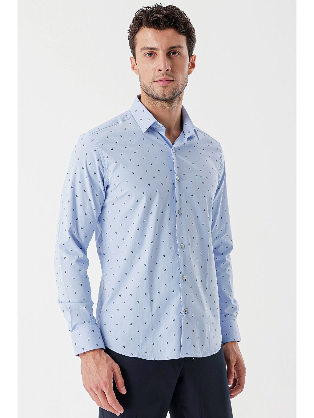 Koyu Mavi Uzun Kollu Baskılı Bez Ayağı Sert Yaka Cepsiz Garnili Klasik Slim Fit Gömlek 1004235106-2