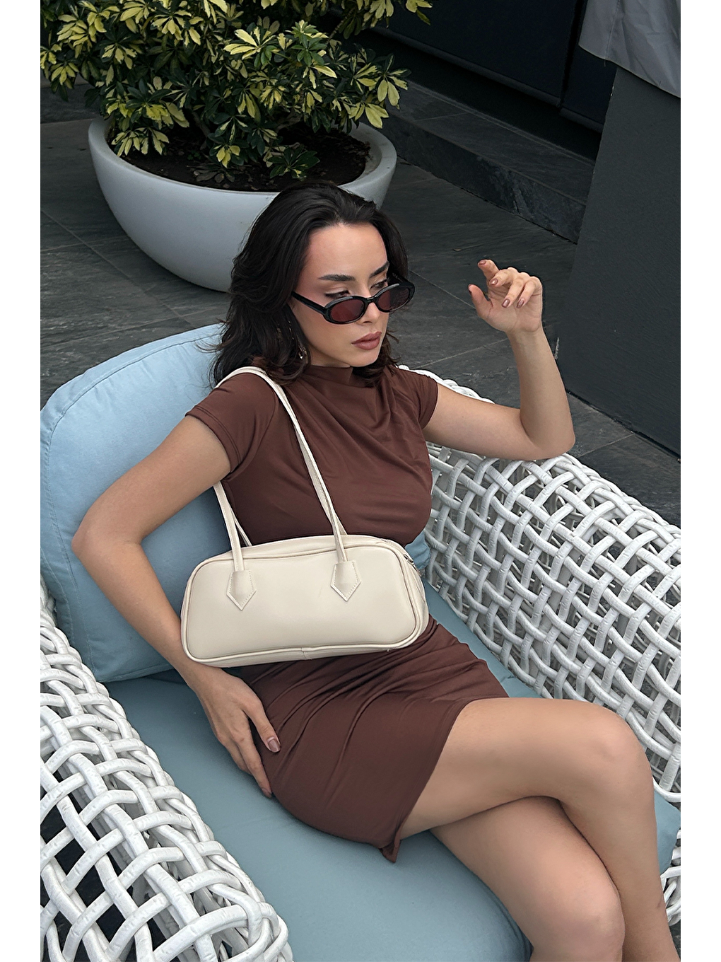 Ekru Boheme Vintage Baget Çanta Krem-7