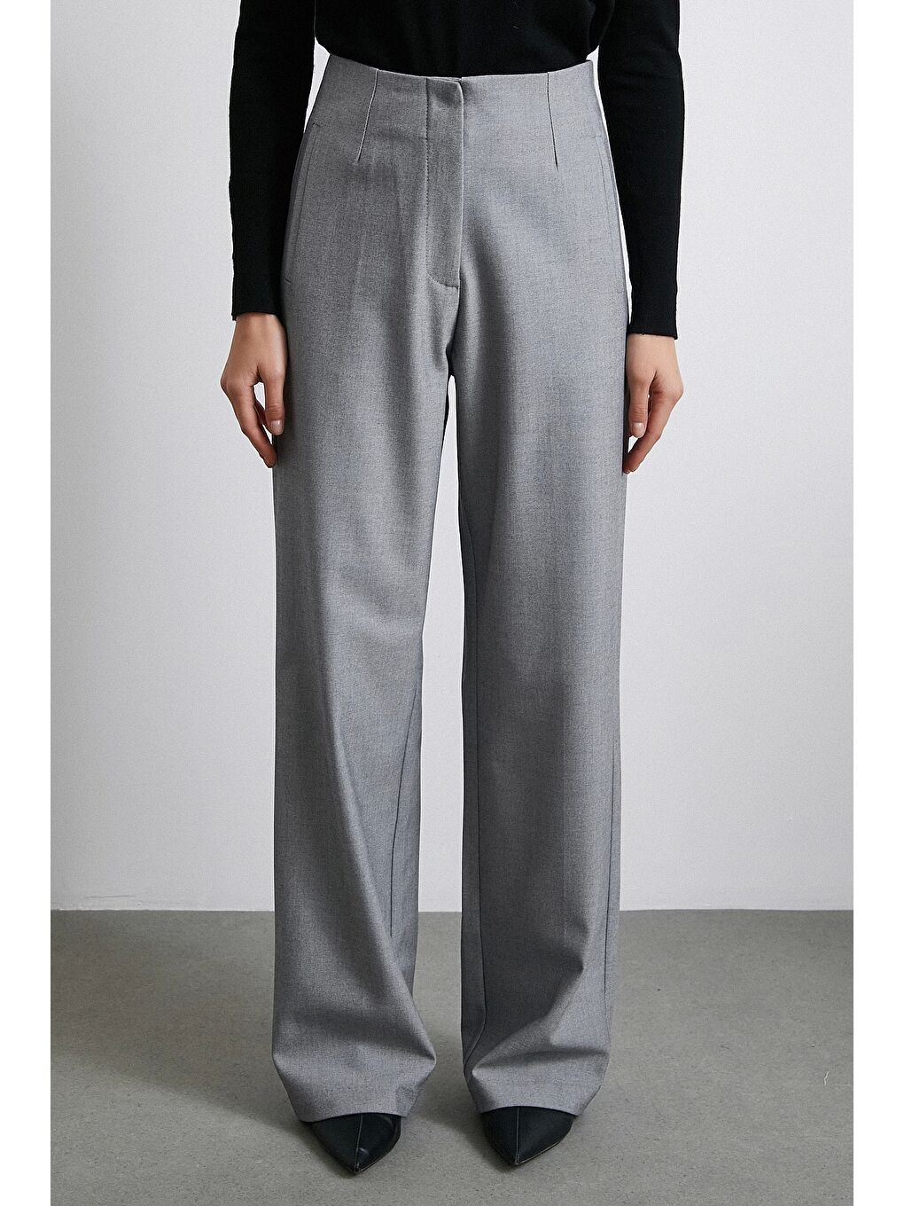 Yüksek Bel Geniş Paça Pantolon Gri-1