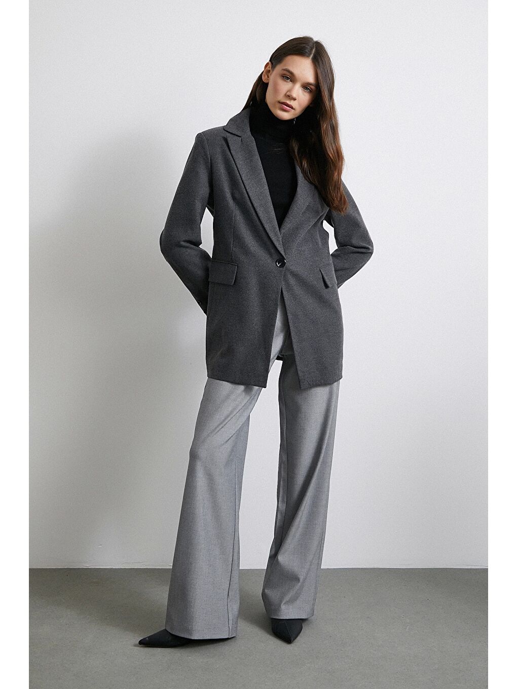 Yüksek Bel Geniş Paça Pantolon Gri-3