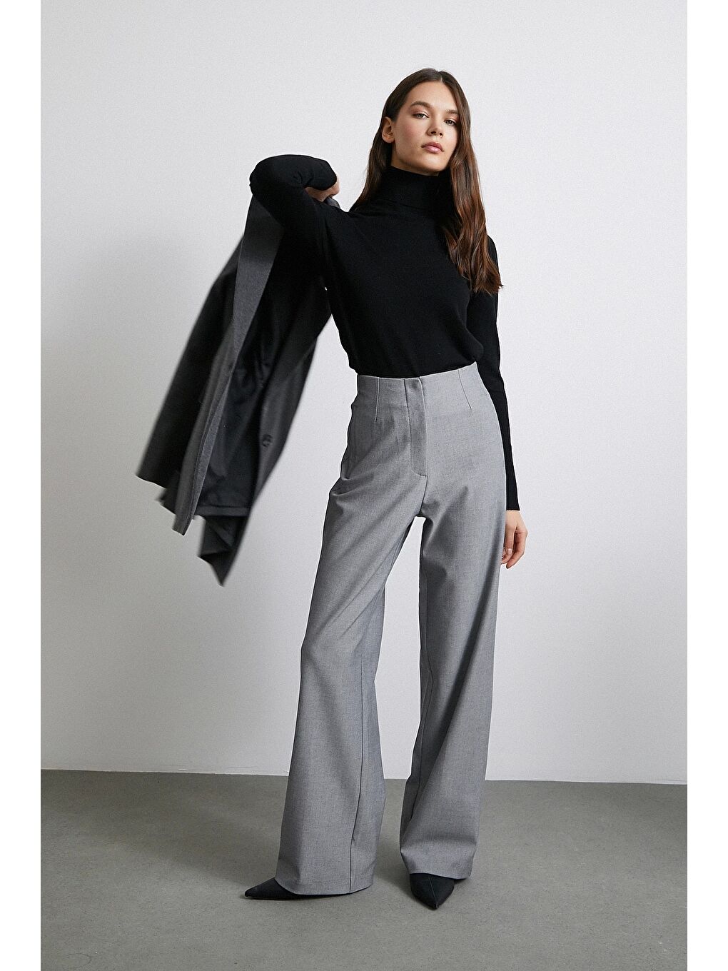 Yüksek Bel Geniş Paça Pantolon Gri-4