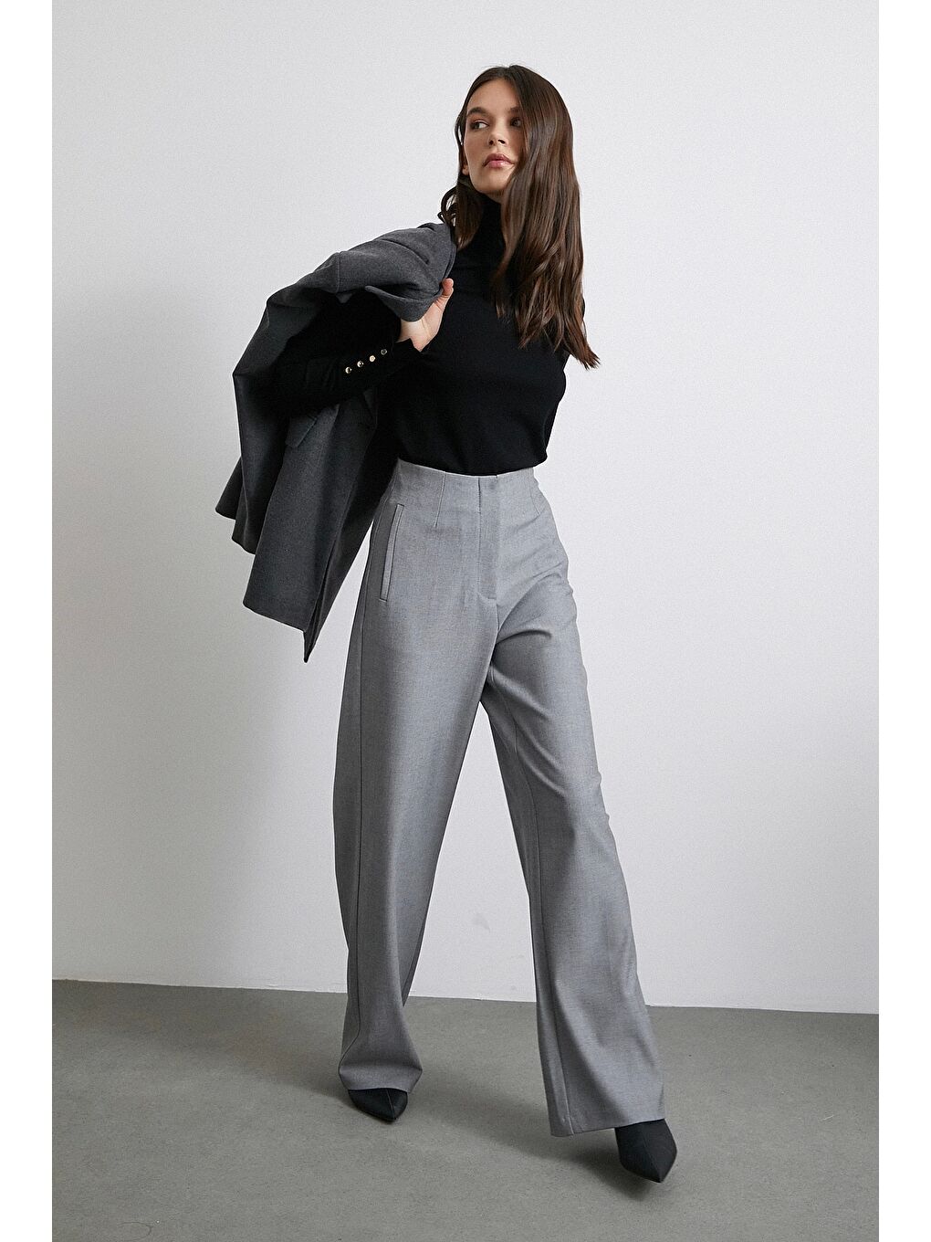 Yüksek Bel Geniş Paça Pantolon Gri-5