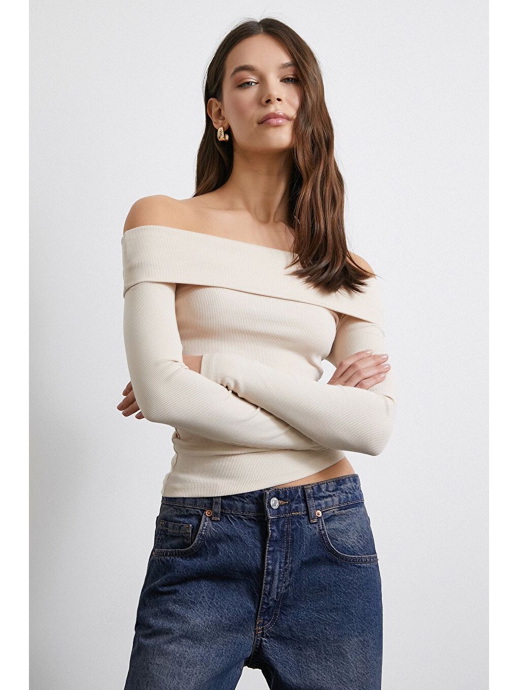 Omzu Açık Kaşkorse Bluz Bej-2