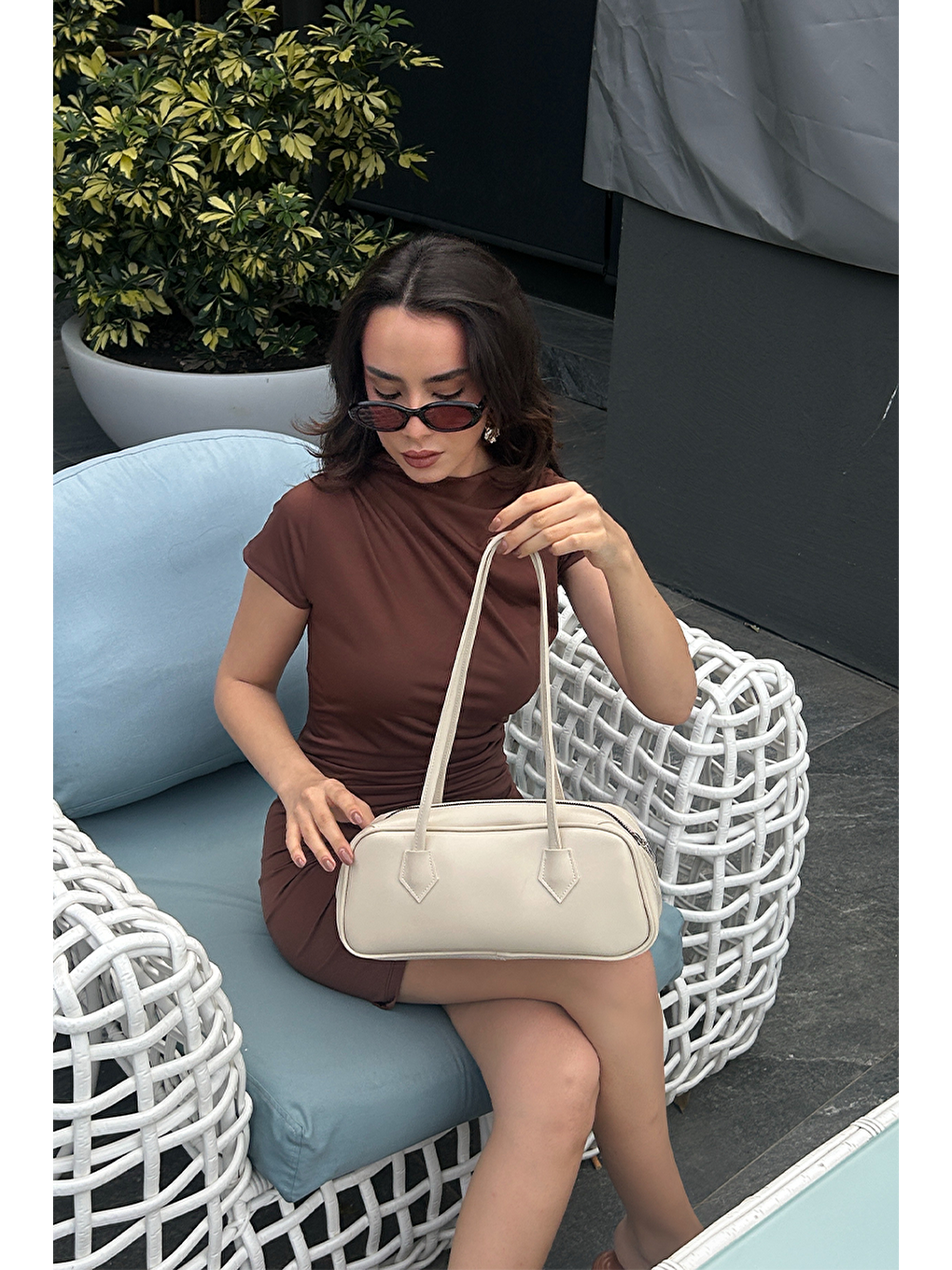 Ekru Boheme Vintage Baget Çanta Krem-9