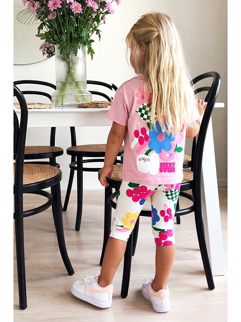 Kız Çocuk Pamuklu Pembe Baskılı T-Shirt Ve Tayt Alt Üst Takım-1