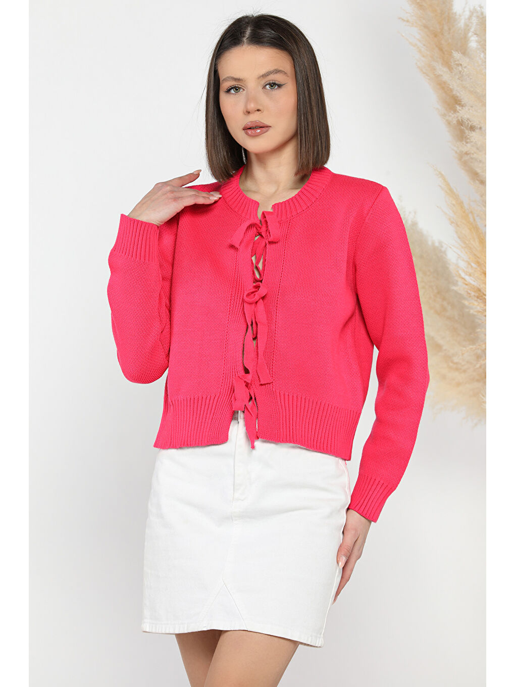Fuşya Kadın Ön Bağlamalı Triko Ceket-1