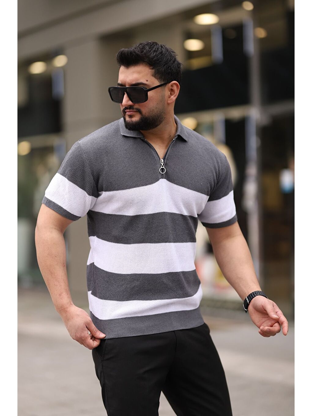 Trendseninle Gri Antrasit Yarım Fermuarlı Polo Yaka Çizgili Triko Erkek Tişört