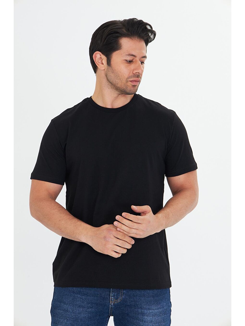 Erkek Büyük Beden Pamuklu Bisiklet Yaka Tişört Siyah 5014B-S-4