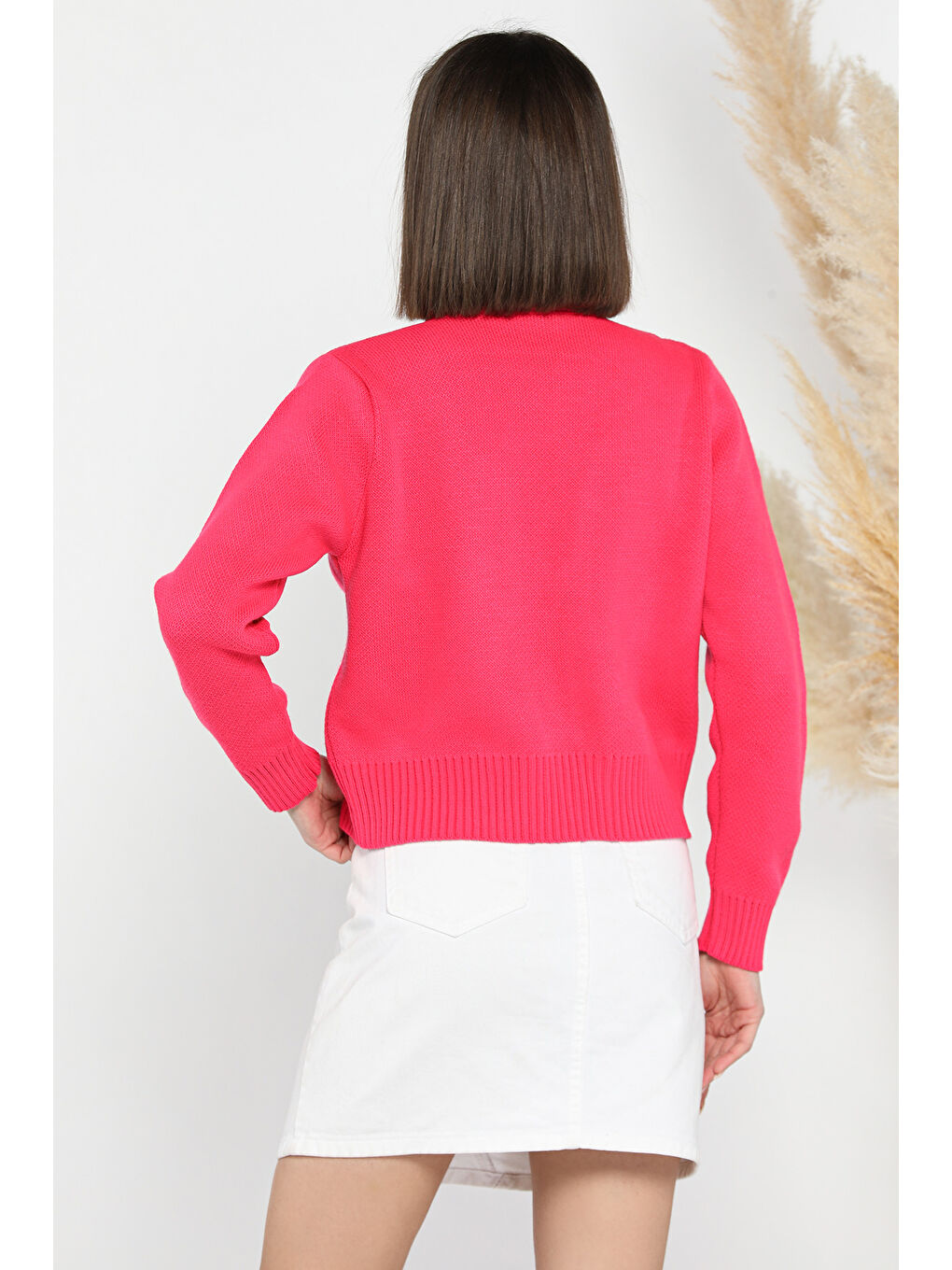 Fuşya Kadın Ön Bağlamalı Triko Ceket-3