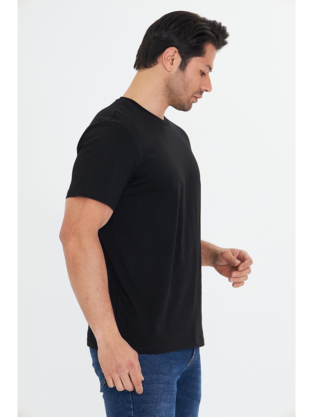 Erkek Büyük Beden Pamuklu Bisiklet Yaka Tişört Siyah 5014B-S-5