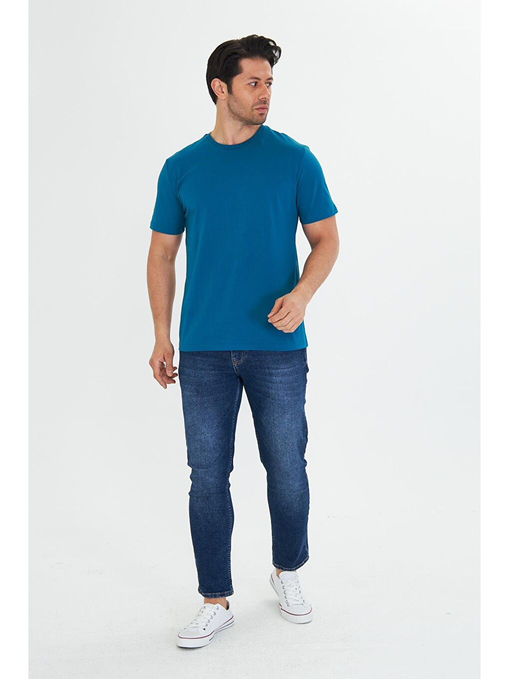 Erkek Büyük Beden Pamuklu Bisiklet Yaka Tişört Mavi 5014B-M-1