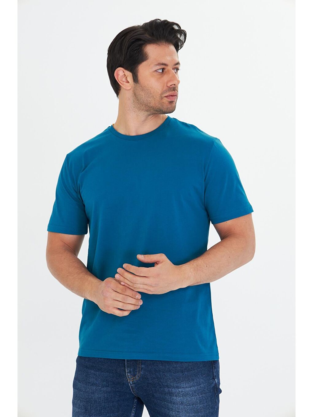 Erkek Büyük Beden Pamuklu Bisiklet Yaka Tişört Mavi 5014B-M-2