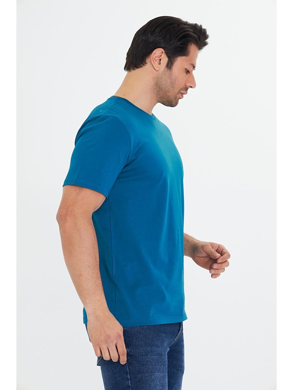 Erkek Büyük Beden Pamuklu Bisiklet Yaka Tişört Mavi 5014B-M-3
