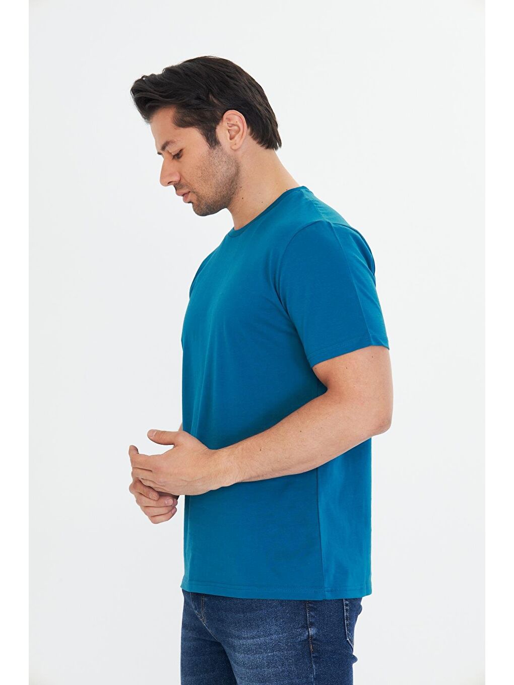 Erkek Büyük Beden Pamuklu Bisiklet Yaka Tişört Mavi 5014B-M-4