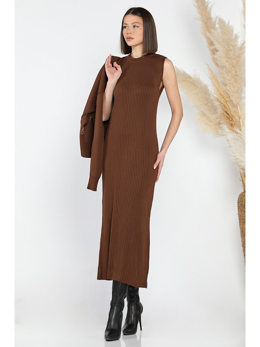 Kahverengi Kadın İnci Ve Taş İşlemeli Triko Elbise Hırka İkili Takım-2