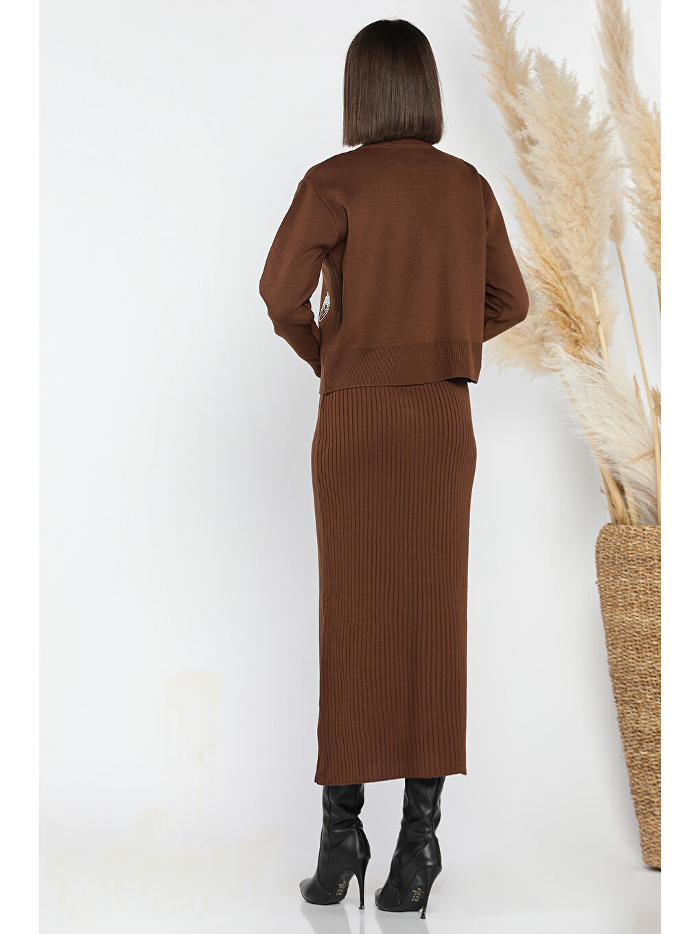 Kahverengi Kadın İnci Ve Taş İşlemeli Triko Elbise Hırka İkili Takım-3