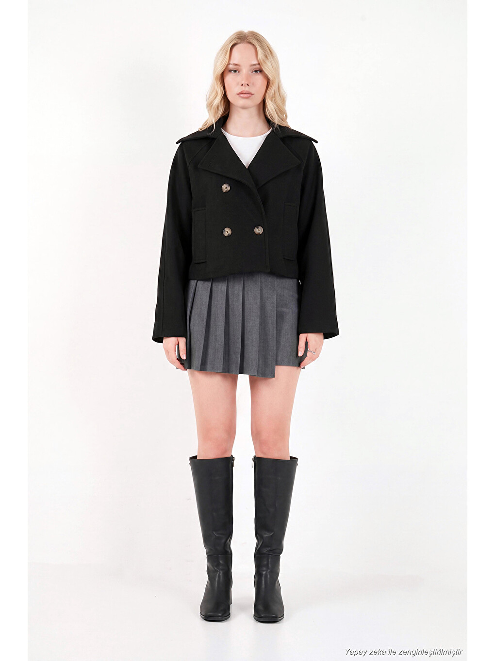 Siyah Dik Yaka Düğmeli Kısa Kadın Kaşe Mont 611aw115-1