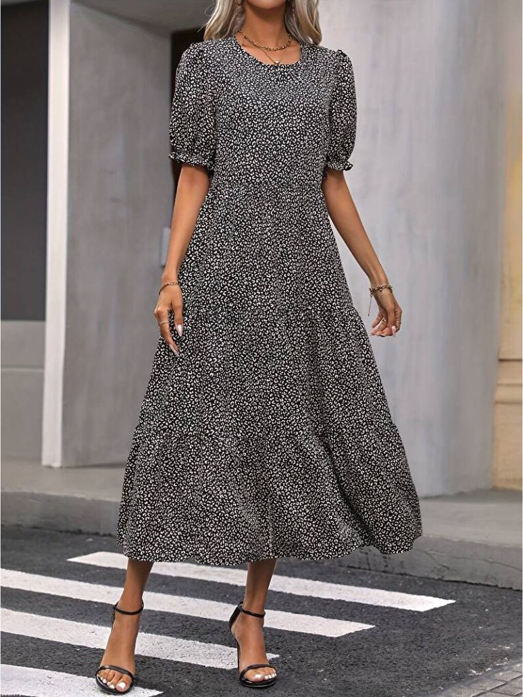 Siyah Kadın Mini Leopar Desen Midi üç Kat Elbise-2