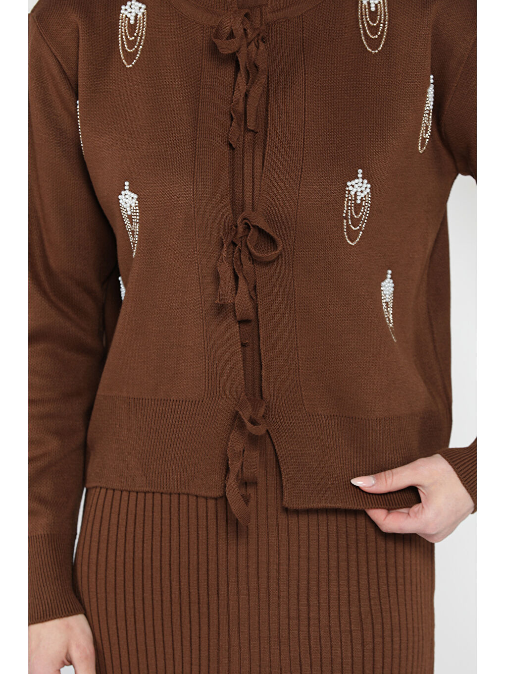 Kahverengi Kadın İnci Ve Taş İşlemeli Triko Elbise Hırka İkili Takım-4