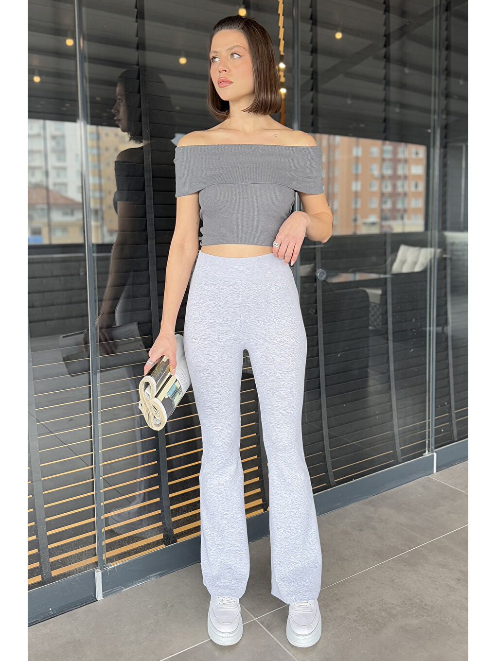 Gri Kadın Yüksek Bel Bol Paça Pantolon-1