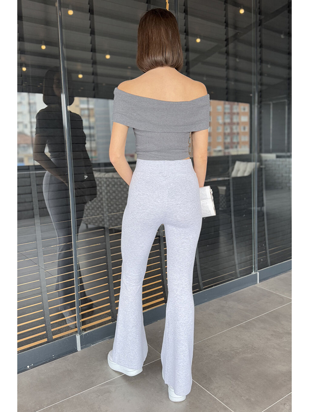 Gri Kadın Yüksek Bel Bol Paça Pantolon-2