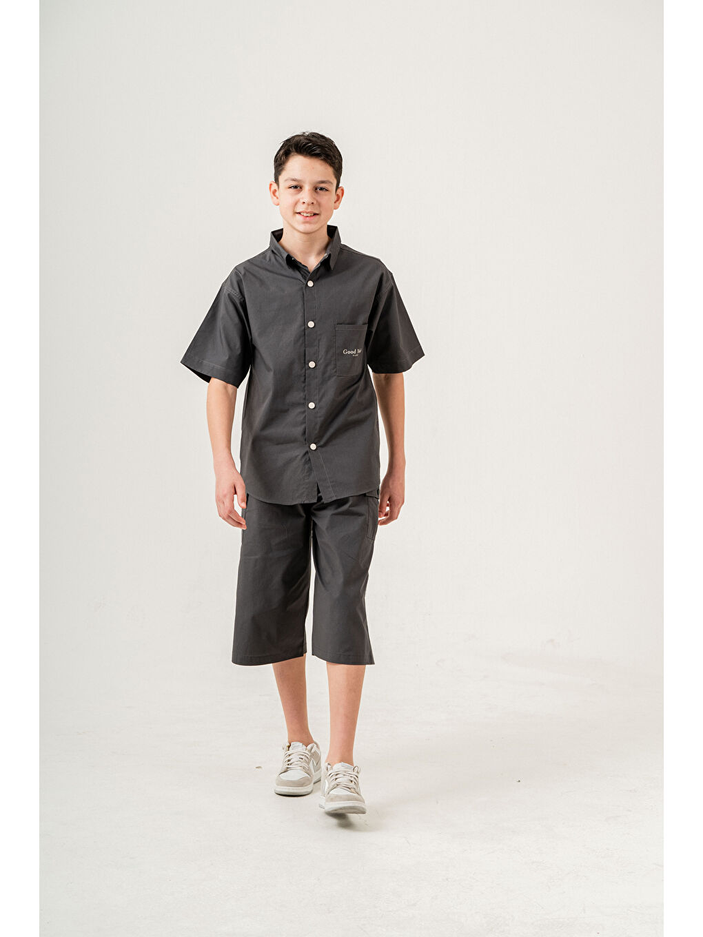 Gri Erkek Çocuk 2'li Takım (Gömlek+Bermuda Pantolon) P1081-2