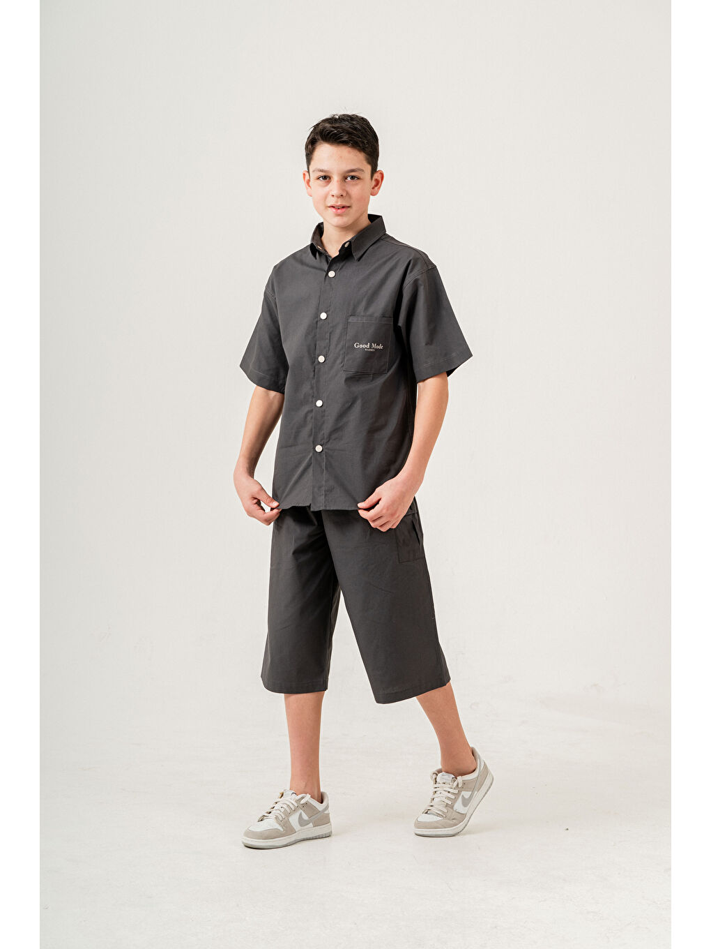 Gri Erkek Çocuk 2'li Takım (Gömlek+Bermuda Pantolon) P1081-3