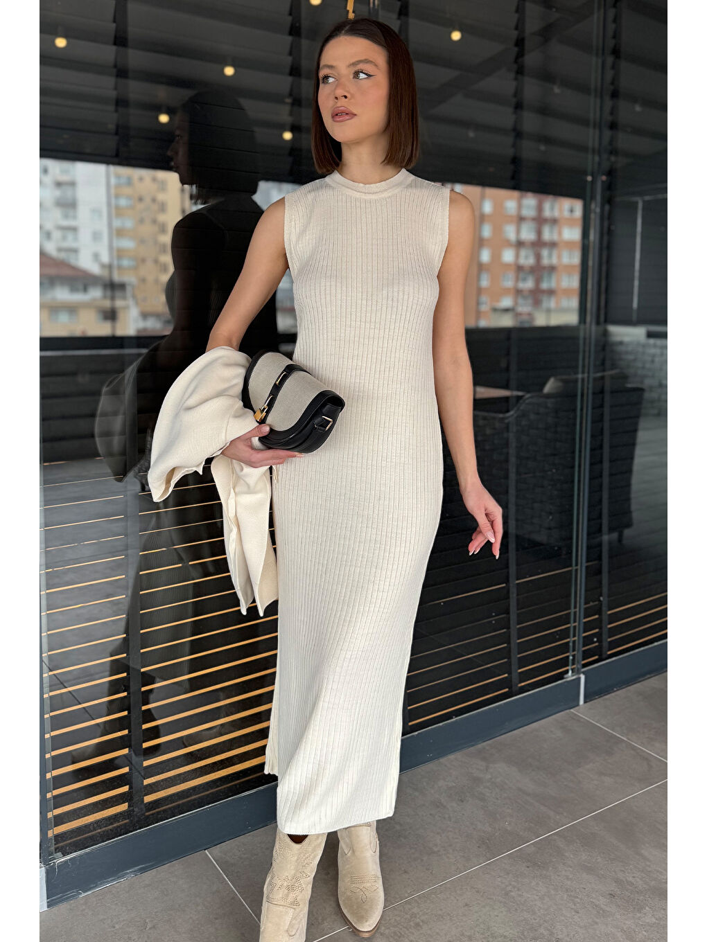 Ekru Kadın İnci Ve Taş İşlemeli Triko Elbise Hırka İkili Takım-1