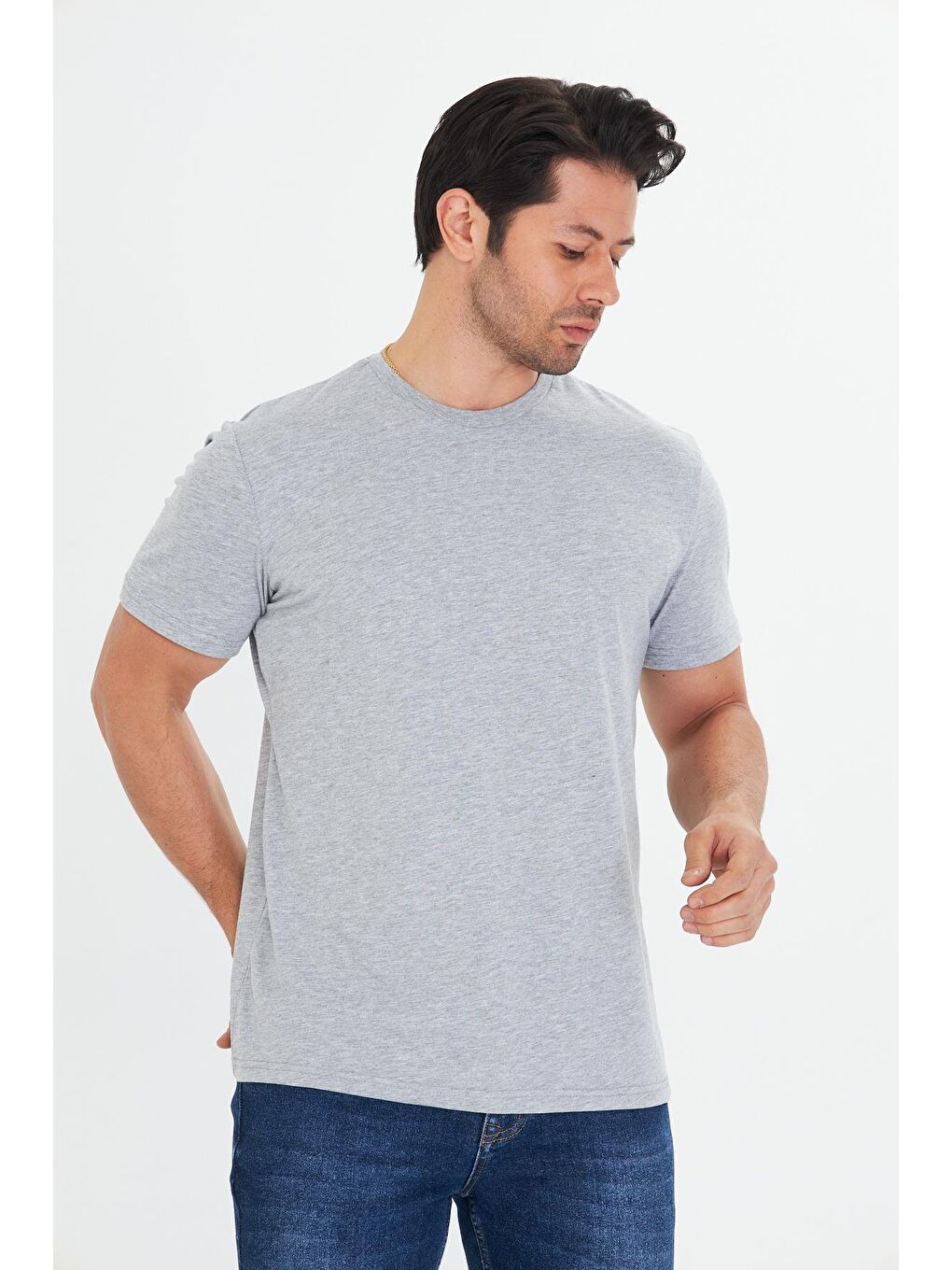 Erkek Büyük Beden Pamuklu Bisiklet Yaka Tişört Gri 5014B-G