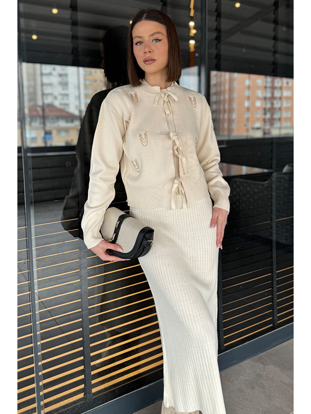 Ekru Kadın İnci Ve Taş İşlemeli Triko Elbise Hırka İkili Takım-2